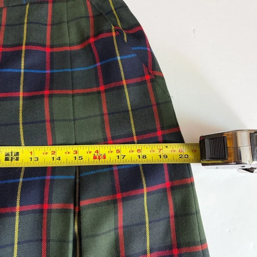 Vintage Midi Tartan Pleated Skirt Green Wool Pockets BIANCA Germany 36 US 6